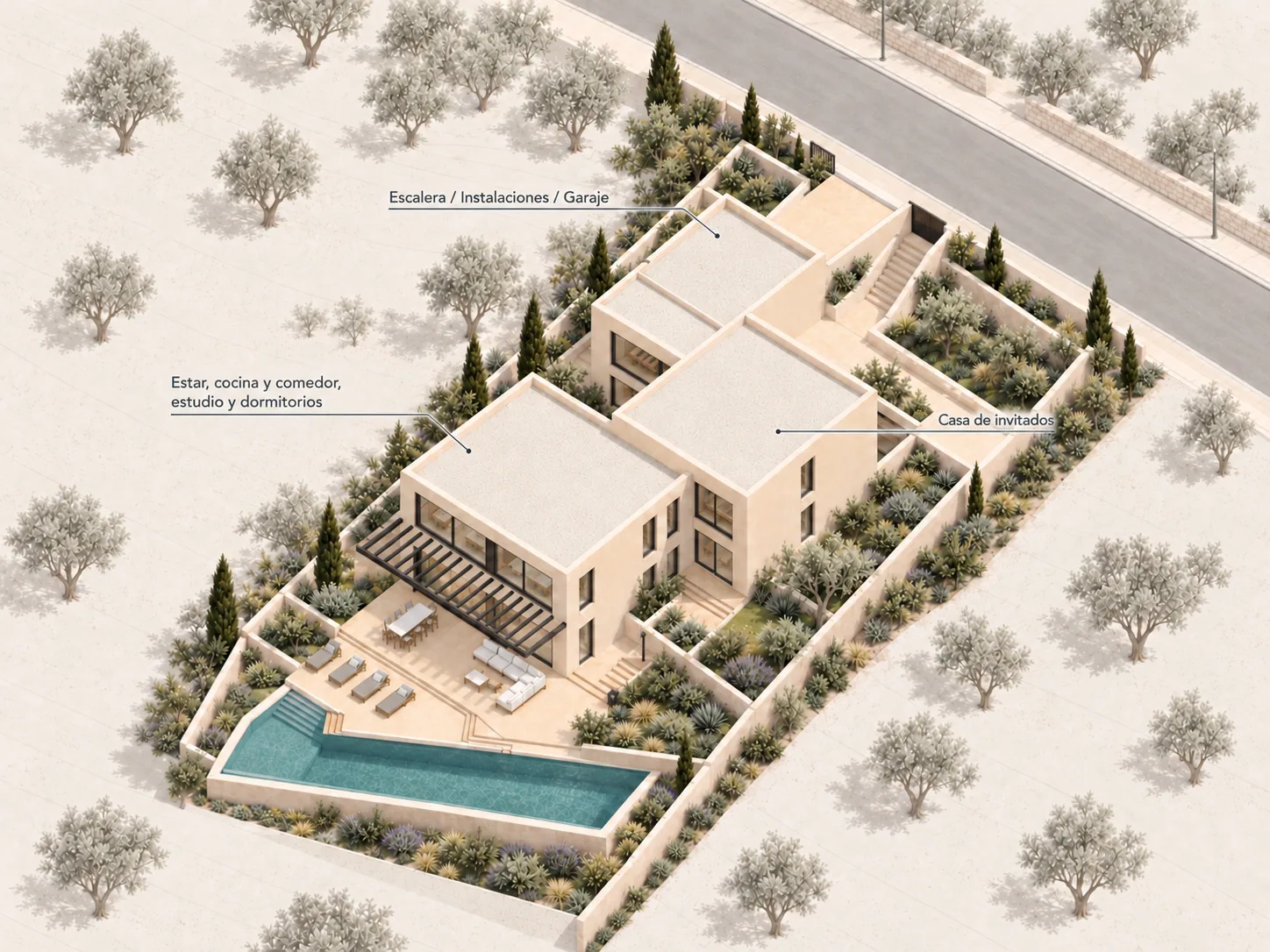 Esquema de Villa Sa Costera con tres volúmenes escalonados para garaje e instalaciones, casa de invitados y vivienda principal